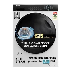 Haier 8 kg 5 Star Powered by AI-DBT with PuriSteam, 525mm Super Drum, Inverter Motor with In-Built Heater Fully Automatic Front Load Washer (HW80-IM12929C | White)