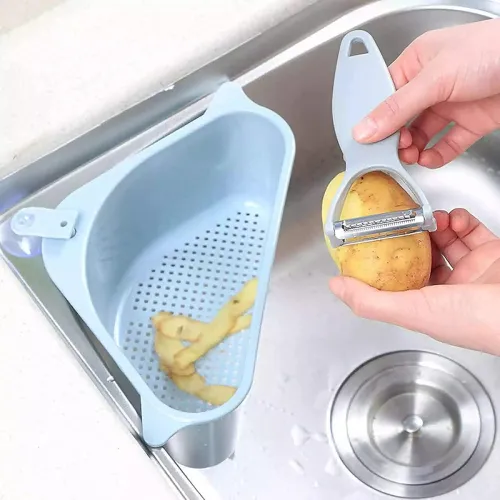 Image of HAKKU Plastic Sink Basket Strainer,No Drilling Triangular Multifunctional Drain Shelf Kitchen Sink Strainer Holder