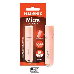 Halonix 1W Micra Rechargeable Torch with Focus Adjuster | Li-ion Battery | Compact LED Flashlight | Adjustable Beam | Pocket Torch for Women | Ideal for Travel & Home | Pink/Green