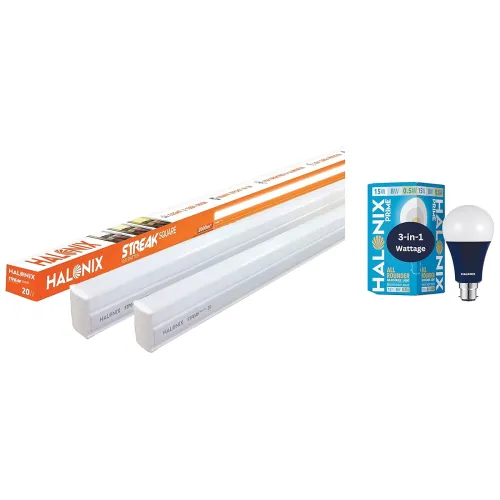 Image of Halonix 20W Led batten tubelight (Pack of 2, cool day white) & All Rounder Base B22 15W, 8W, 0.5W Multi Wattage Led Bulb