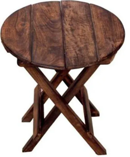 Image of Handcrafted Foldable Round Wooden Stool & Side Table (Brown)