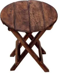 Handcrafted Foldable Round Wooden Stool & Side Table (Brown)