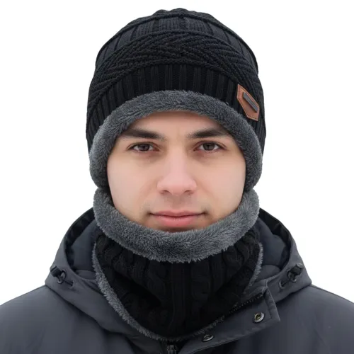 Image of Handcuffs Winter Cap with Neck Scarf – Thermal Beanie with Neck Warmer for Men & Women Thick And Fluffy Woolen Cap for C