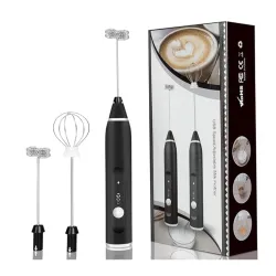 Electric Milk Frother with 2 Attachments (Double-Layer Frother & Egg Whisk), 3-Speed Adjustable, Rechargeable Handheld Coffee Mixer for Latte, Cappuccino, Drinks & Eggs Stainless Steel