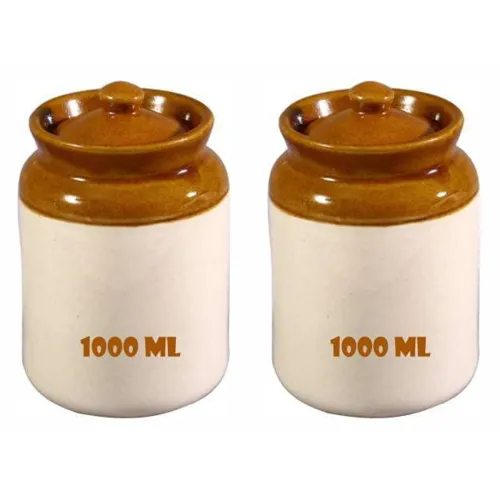 Image of Handmade Ceramic Pickle Jar With Lid (Set Of 2) | Achar Container | 1000Ml Containers For Pickles & Spices 