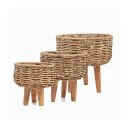 Jute Planter Basket Set of 3 with Wooden Legs, Handwoven Decorative Plant Stand for Indoor Plants, Flower Pot Holder Living Room, Balcony, Garden, Rustic Home Décor, 10 x 10, 8 x 8 & 7 x 7 I...