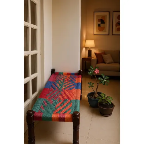 Image of Handwoven Wooden Bench | Traditional Rope Charpai Stool | Solid Wood Frame Seating for Living Room, Balcony & Outdoor | 