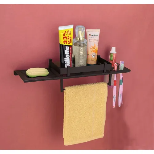 Image of Handy Black Stainless Steel Bathroom Shelf with Accessories
