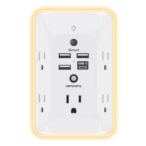 Image of HANYCONY Outlet Extender with Night Light, Multi Plug Wall Charger, 4 USB Ports with USB-C, Surge Protector Power Strip 