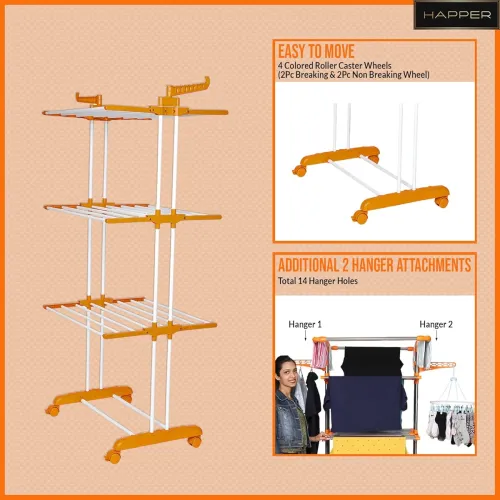 Image of Happer Premium Clothes Stand for Drying with Wheels | Portable | 3 Layer Rack for Balcony