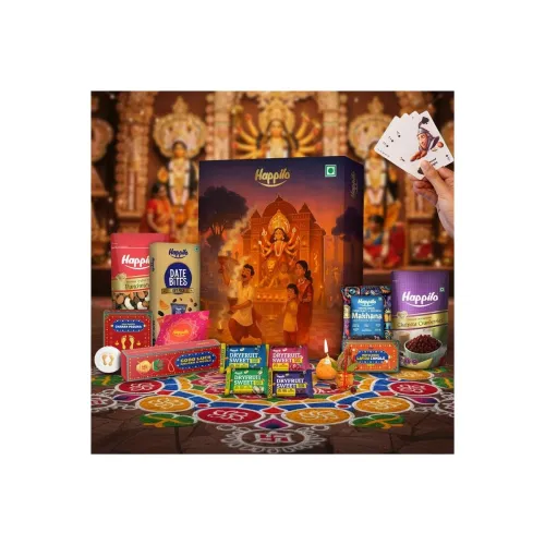 Image of Happilo Premium Puja Gift Box with 14 inclusions | Gold Plated Charan Paduka | Playing Cards | Scented Candles | Date De