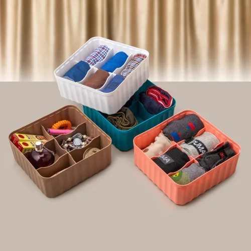 Image of HAPPI Multipurpose Plastic Storage Socks Tray Organizer 6 Grid Pack of 4