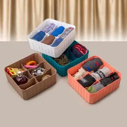 HAPPI Multipurpose Plastic Storage Socks Tray Organizer for Wardrobe Drawer-6 Grid, Undergarment Cosmetic Makeup Dressing Rack (Pack of 4, Multicolor)