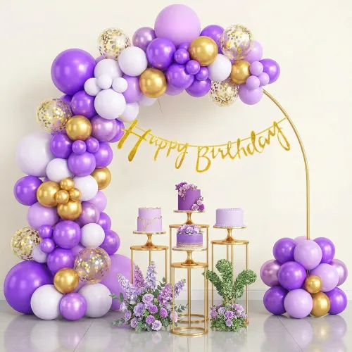 Image of Happy Birthday Decoration Kit with Gold, Purple & White Balloons and Banner - 31 Pcs