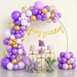 Happy Birthday Decoration Kit with Gold, Purple & White Balloons and Banner - 31 Pcs