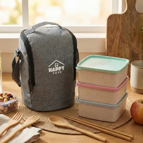 Image of Happy Cove Eco Friendly Lunch Box for Office Use, Wheat Straw and Rice Husk 3 Microwave Safe Multicolour Containers, Tif