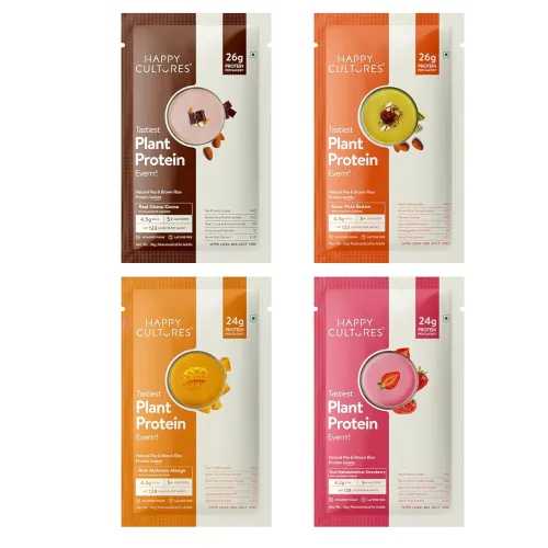 Image of Happy Cultures Tastiest Plant Protein Assorted Pack | Chocolate, Kesar Pista, Mango, Strawberry, Almond Chunks & Ashwaga