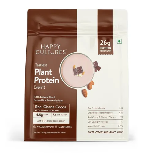 Image of Happy Cultures 26g Tastiest Plant Protein | Chocolate, Almond Chunks & Ashwagandha (KSM 66)| Pea & Brown Rice Protein Is