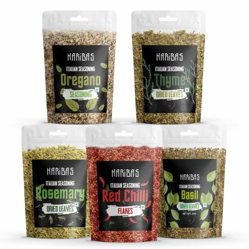 Image of HARIBAS Seasonings Herbs & Spices Thyme, Basil, Chilli Flakes, Oregano & Rosemary 20gm Each | 