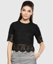 HARPA Casual Regular Sleeves Self Design Women Black Top