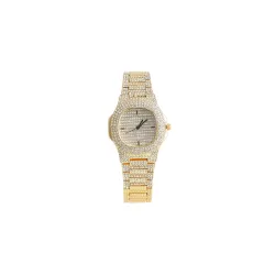 Haute Sauce Women's The Embellished Cluster Square Watch | Gold Stainless Steel Strap | Crystal Silver Dial | One-Size | Foldover Closure | Quartz | Battery | Wrist Belt Watch for Female and...