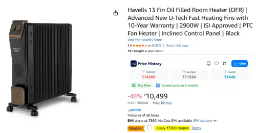 Image of Havells 13 Fin Oil Filled 2900W Room Heater (OFR) with 10-Year Warranty