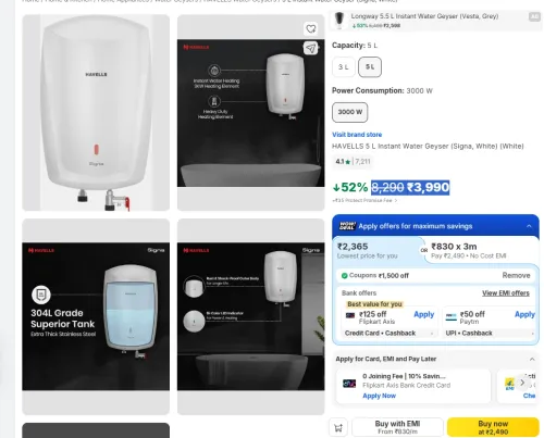 Image of HAVELLS 5 L Instant Water Geyser (Signa, White) (White)