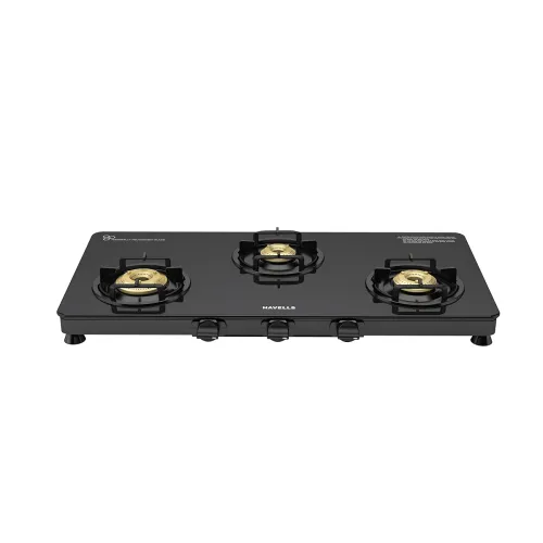 Image of Havells Contour Toughened Glass-Top 3 Brass Burner LPG Gas Stove | Removable Drip Tray | Soft Touch, Ergonomically Desig