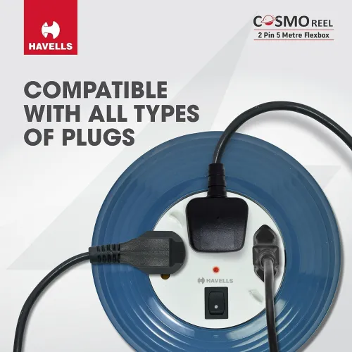Image of Havells Cosmo Reel| Extension Board - 5 Mtr ISI Marked Cable|3 Pin & 2x2 Pins Universal Sockets