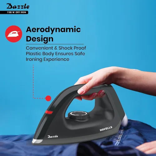 Image of Havells Dry Iron Dazzle 1100 Watts, Iron Press, Greblon Non Sick Soleplate 
