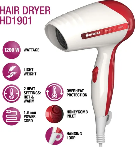 Image of HAVELLS HD1901 Hair Dryer (1200 W, White & Red)