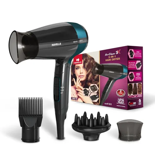 Image of Havells Styling Hair Dryer | Hypersonic Motor | 3 Detachable Attachment| Diffuser, Quill-Style Comb, Aerofocus Nozzle|3 