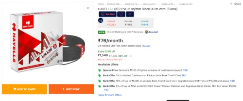 Image of HAVELLS HRFR PVC 6 sq/mm Black 90 m Wire (Black)