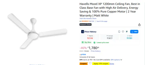 Image of Havells Mozel XP 1200mm Ceiling Fan with High Air Delivery Energy Saving 