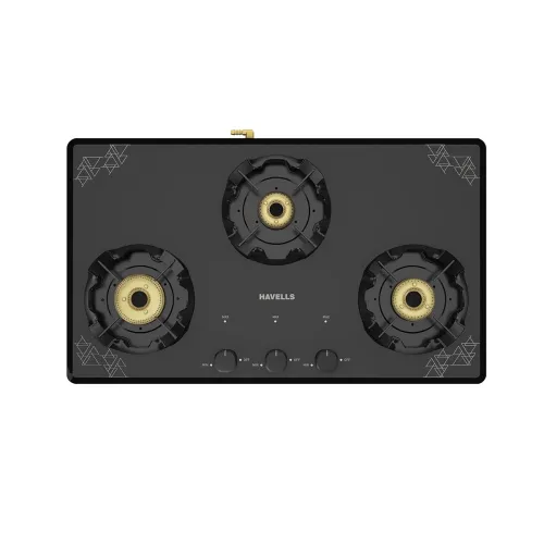 Image of Havells Nucleus Slim Manual Gas stove|3 Heavy Duty Forged Brass Burner|8 mm toughened glass|Premium Valves|Removable Dri