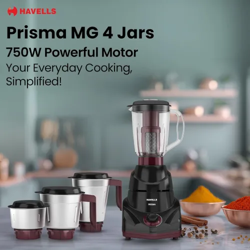 Image of Havells Prisma 750 W 4 Jar Mixer Grinder| 3 Speed With Pulse Function| Air Vent Technology| Stainless Steel Blades| Wide