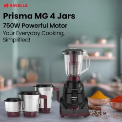 Havells Prisma 750 W 4 Jar Mixer Grinder| 3 Speed With Pulse Function| Air Vent Technology| Stainless Steel Blades| Wider Mouth Jars| Overload Protecton| 2-Year Product Warranty (Black)
