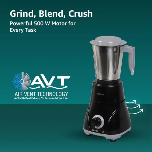 Image of Havells Pulse 500 Watt Mixer Grinder|3 Stainless Steel Leak-Resistant Jars (400ml, 800ml, 1.2L)|