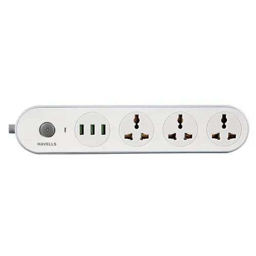 Image of Havells USB Star - 3+1 Extension Board 1.5Mtr Copper 3 Universal Sockets and 3 USB Ports