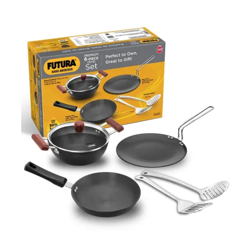 Image of Hawkins Futura 6-Piece Hard Anodised Induction Gift Set - 2L Kadhai, 20cm Frying Pan, 26cm Tava, Glass Lid, Stainless St