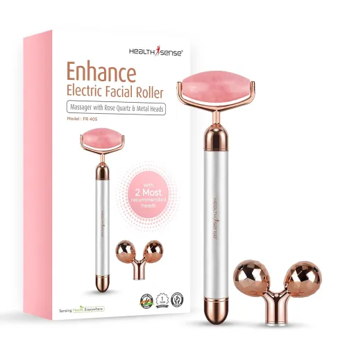 Image of HealthSense Electric Face Massager for Women | Facial Jade Roller & Gua Sha Stone | Rose Quartz & Dual Metal Smooth Roll