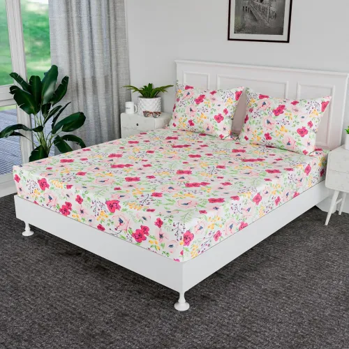 Image of Heart Home Pink Floral Cotton Double Bedsheet