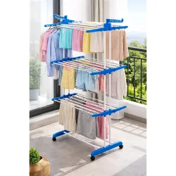Heavy-Duty Clothes Drying Stand | Load Capacity 50 kg | Portable with Wheels | Balcony Use | Foldable Wings | Rust-Resistant Alloy Steel (Double Pole_Blue)