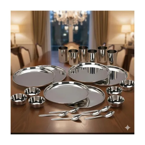 Image of Stainless Steel Solid Heavy Mirror Finish Dinner Set of 24 Pcs (6 Plate, 6 Bowl/Wati, 6 Glass, 6 Spoon), Silver Dinning 