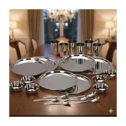 Stainless Steel Solid Heavy Mirror Finish Dinner Set of 24 Pcs (6 Plate, 6 Bowl/Wati, 6 Glass, 6 Spoon), Silver Dinning 