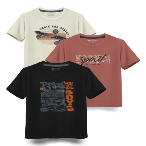 Image of HELLCAT Boys Typography 3 Printed T-shirt