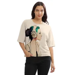 HELLCAT Beige Printed Loose Fit Crew-Neck Crop T-Shirt for Women