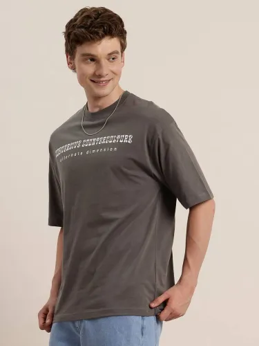 Image of HERE&NOW  Men Printed Round Neck Pure Cotton Grey T-Shirt