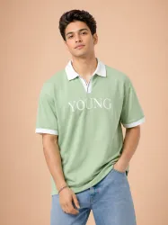HERE&NOW Men Printed Polo Neck Polyester Green T-Shirt