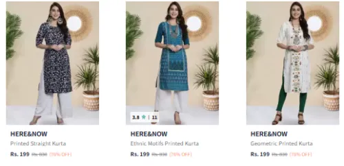 Image of HERE&NOW Women Kurta Starting @ ₹199